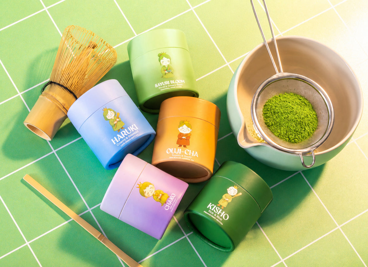 Collection of Matchasty premium Japanese matcha tins and pouches in assorted flavours